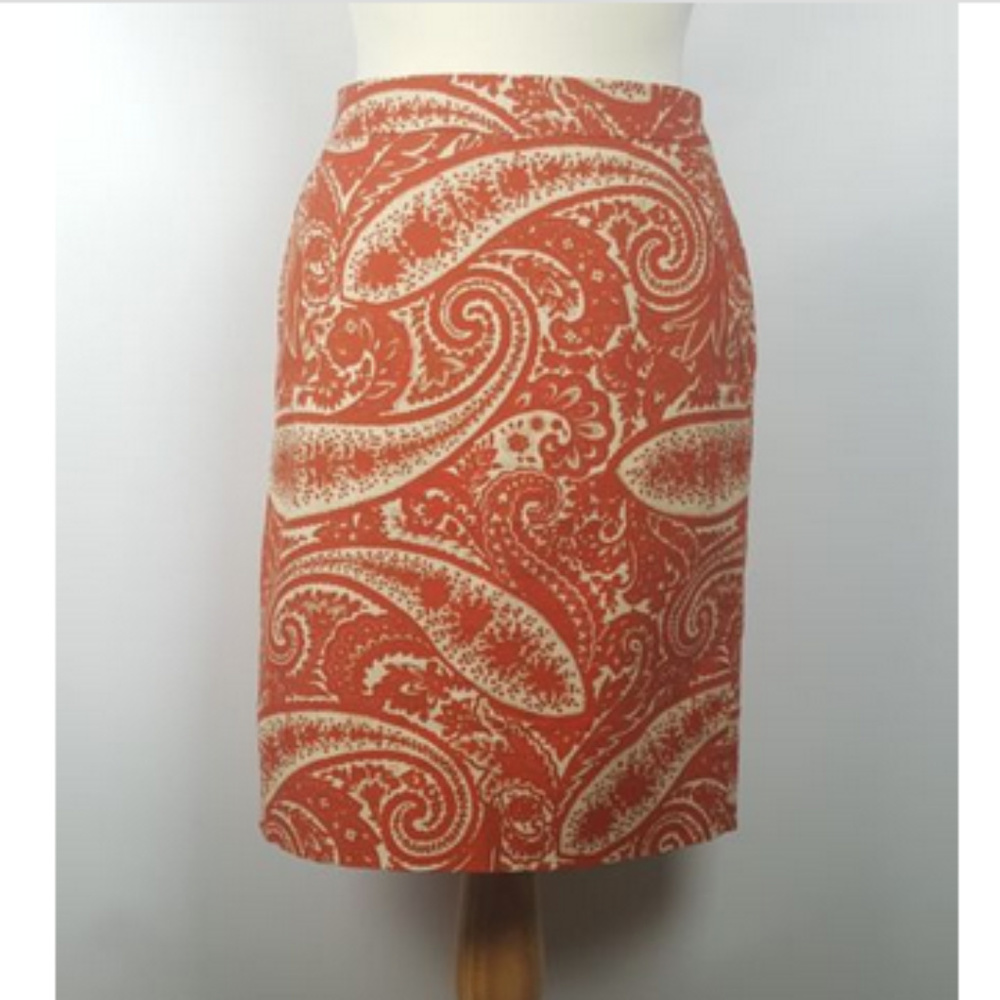 J. Crew Orange and Ivory Paisley Pencil Skirt